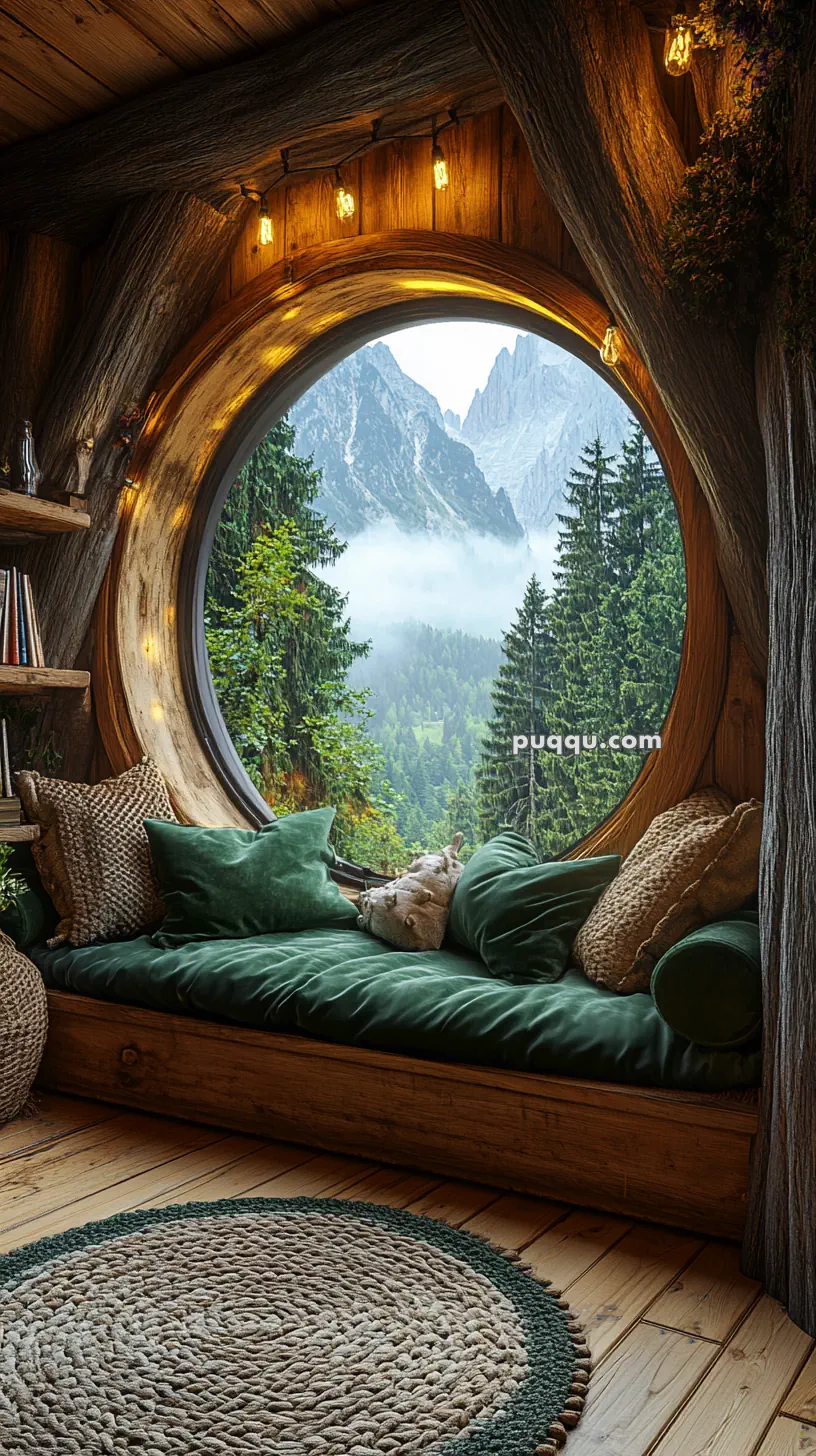 Cozy wooden room with a round window overlooking a mountain landscape, featuring a cushioned seating area, ambient lighting, and green pillows.