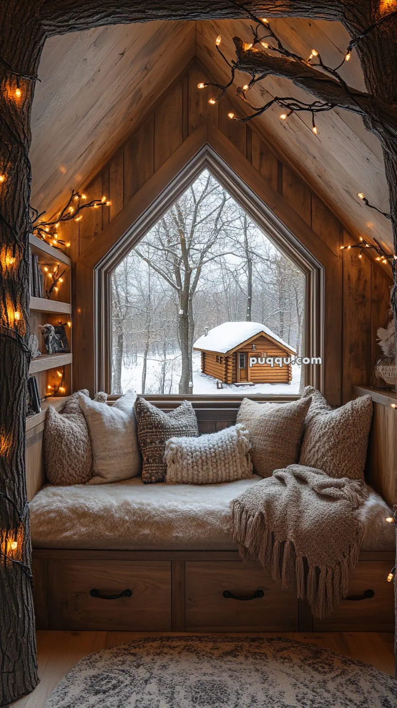 Cozy wooden nook with pillows and a blanket, featuring a triangular window adorned with string lights, overlooking a snowy forest and a cabin outside.