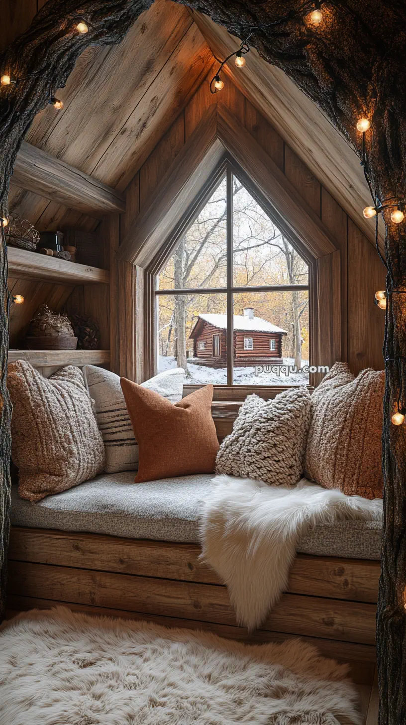 Cozy nook with pillows and a fur rug, wooden walls, and string lights, featuring a triangular window with a view of a snow-covered log cabin.