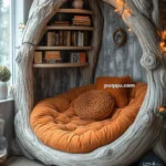 Cozy reading nook with a tree-shaped bookshelf, orange cushions, and warm fairy lights.