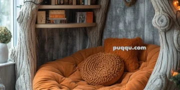 Cozy reading nook with a tree-shaped bookshelf, orange cushions, and warm fairy lights.