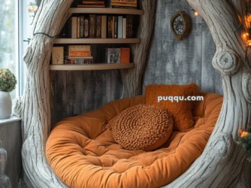 Cozy reading nook with a tree-shaped bookshelf, orange cushions, and warm fairy lights.