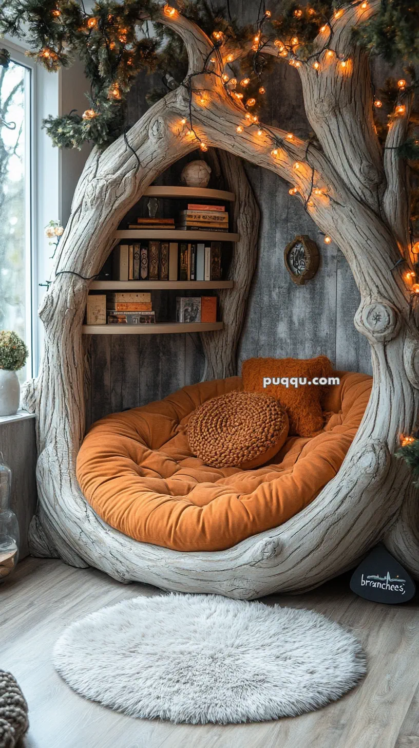 Cozy reading nook with a tree-shaped bookshelf, orange cushions, and warm fairy lights.