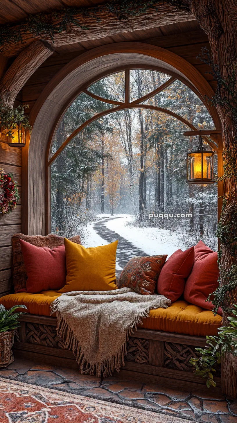 Cozy seating area with colorful cushions and a blanket by a wooden window, overlooking a snowy forest path.