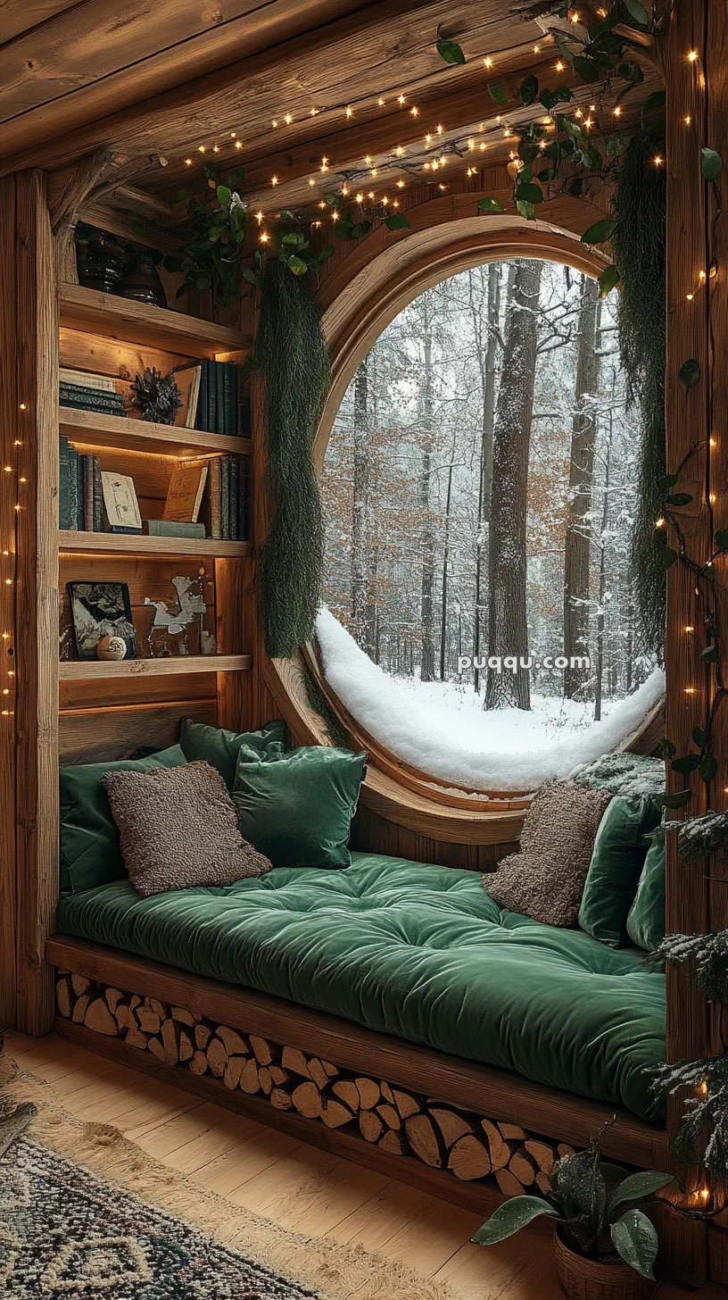 Cozy wooden nook with a round window overlooking a snowy forest, a green cushioned bench, shelves with books, and string lights.