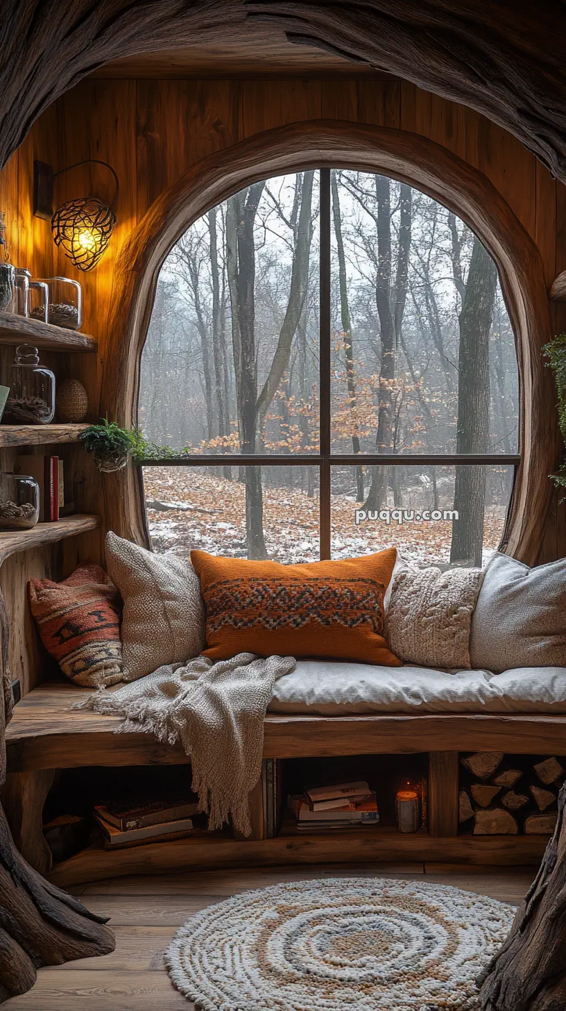 Cozy nook inside a treehouse with a rounded window, cushioned seating, and a view of a snowy forest.