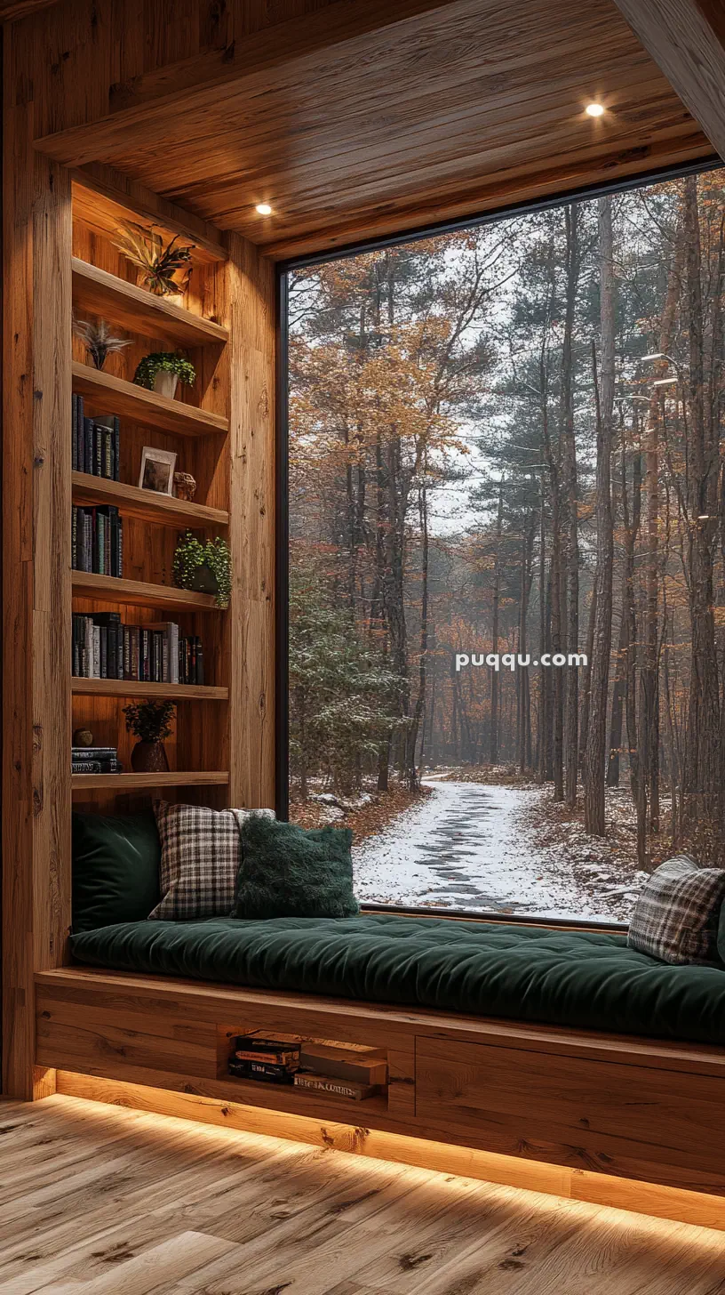 Cozy wooden reading nook with built-in shelves, a cushioned bench, and a large window overlooking a snowy forest path.