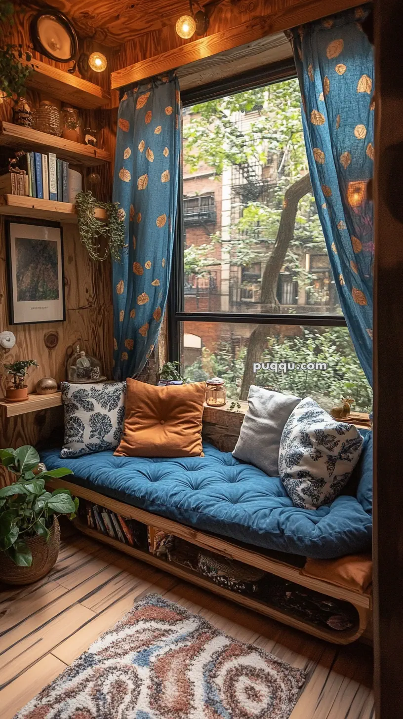 Cozy reading nook with a blue cushioned bench, decorative pillows, wooden shelves with books, plants, blue curtains with gold patterns, and a window view of trees and buildings.