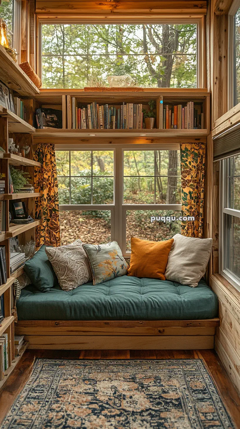 Cozy reading nook with a built-in daybed, colorful cushions, and bookshelves by a window overlooking a wooded area.