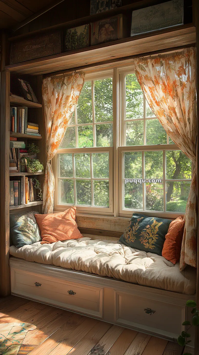 Cozy window seat nook with patterned curtains, plush cushions, a cushioned bench, and surrounding bookshelves by a sunlit window.