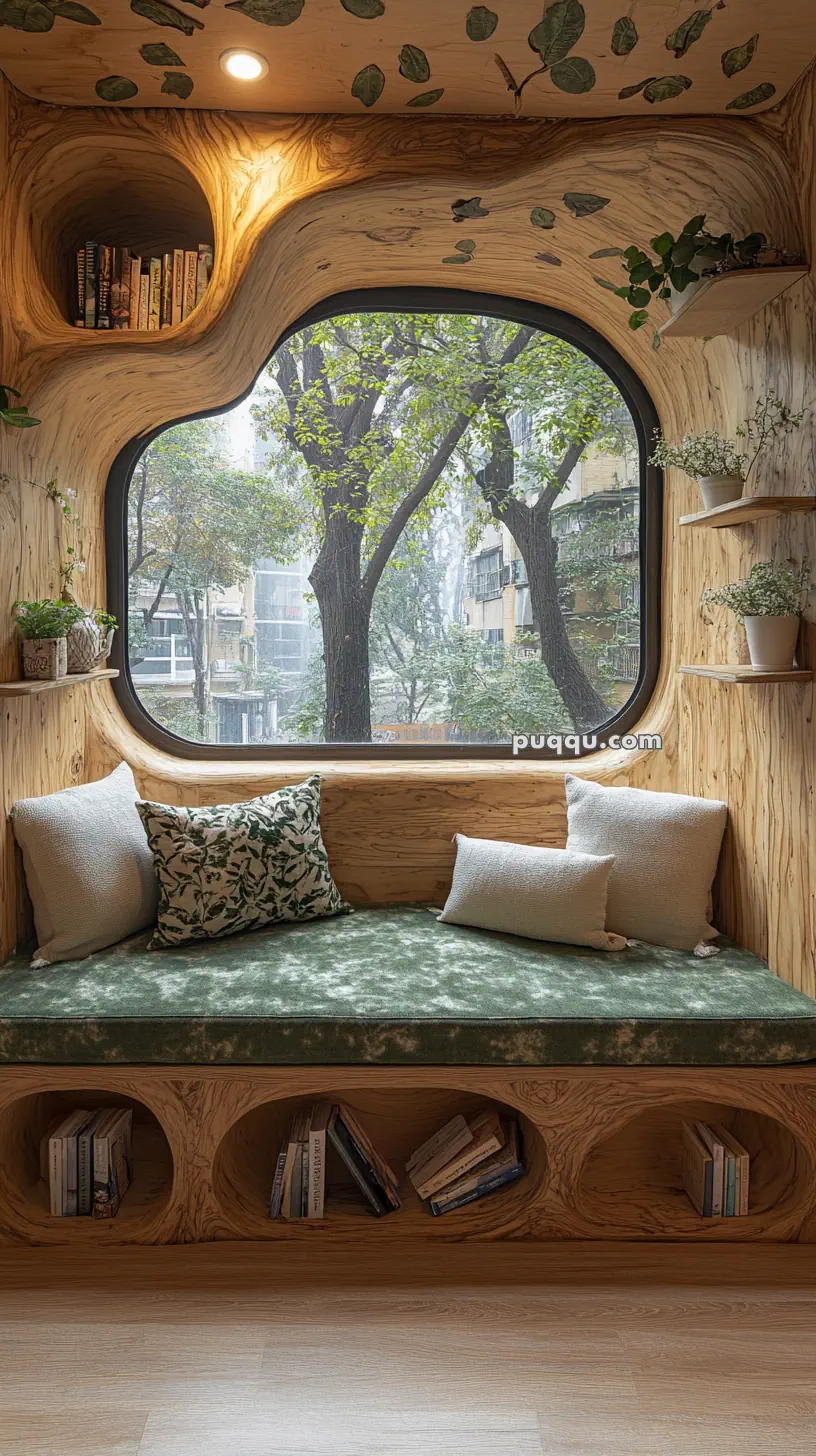 Cozy window seat with green cushions, surrounded by wooden bookshelves and potted plants, overlooking a tree-lined street.