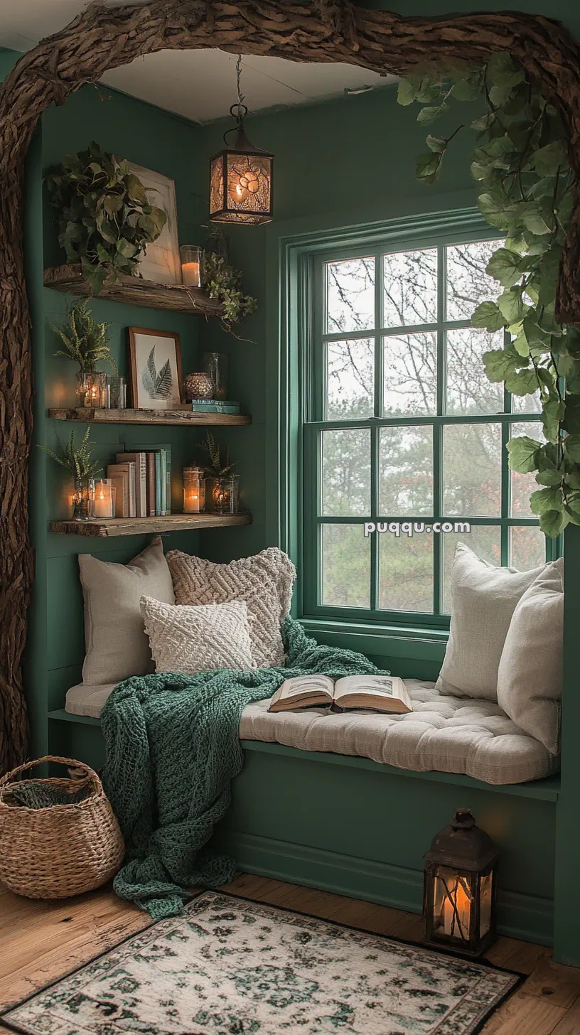 Cozy reading nook with green walls, a window seat with cushions, a green knit blanket, open book, shelves with books and candles, and a hanging lantern.