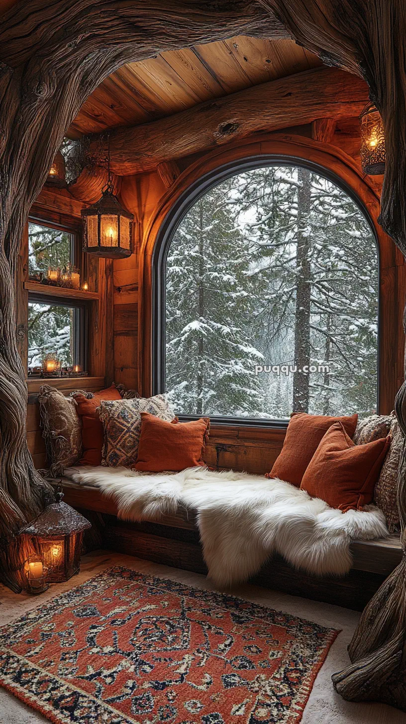 Cozy wooden nook with plush pillows and a fur throw, large window overlooking snow-covered trees, warm ambient lighting, and an ornate rug on the floor.