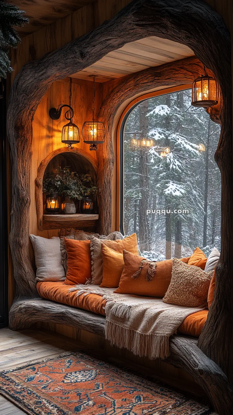 Cozy wooden nook with warm-toned cushions and blankets, nestled by a large window offering a view of snow-covered trees, illuminated by rustic hanging lanterns.