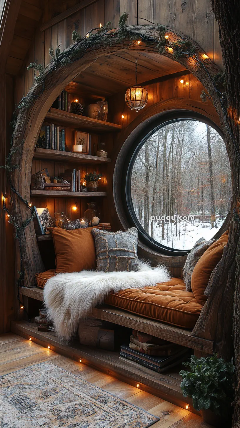 Cozy reading nook with a circular window, warm cushions, and bookshelves adorned with fairy lights.