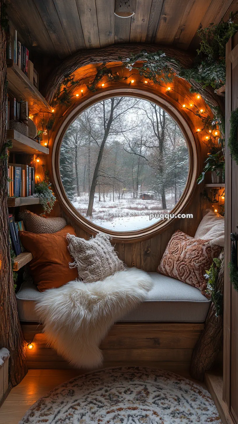 Cozy window nook with cushions, a fluffy throw, bookshelves, and warm string lights, overlooking a snowy forest.