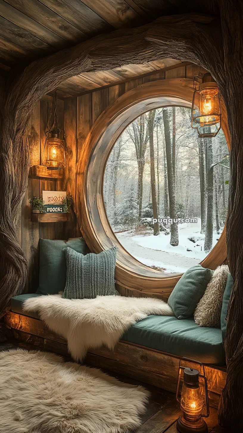 Cozy nook with circular window view of snowy forest, featuring wooden walls, plush seating, and lantern lighting.