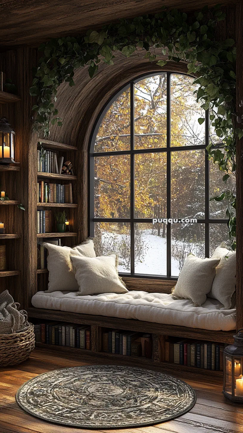 Cozy reading nook with a cushioned window seat, surrounded by bookshelves and candles, overlooking a snowy landscape through a large arched window.