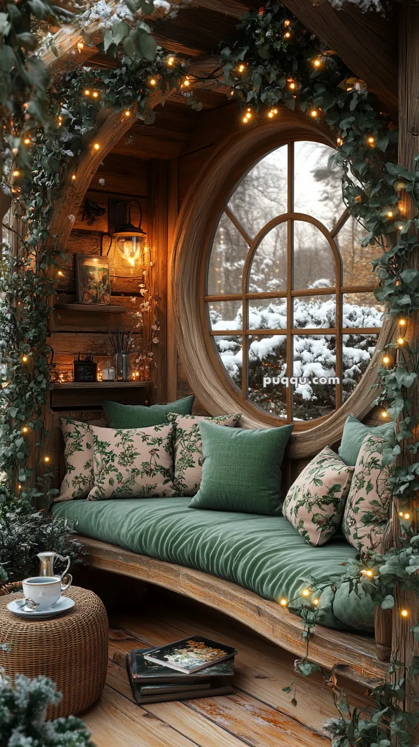 Cozy wooden nook with green and floral pillows, decorated with string lights and plants, featuring a round window showing a snowy scene outside.