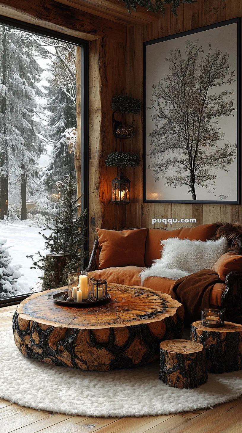 Cozy living room with a tree stump coffee table, candles, brown sofa, and large window overlooking a snowy forest.