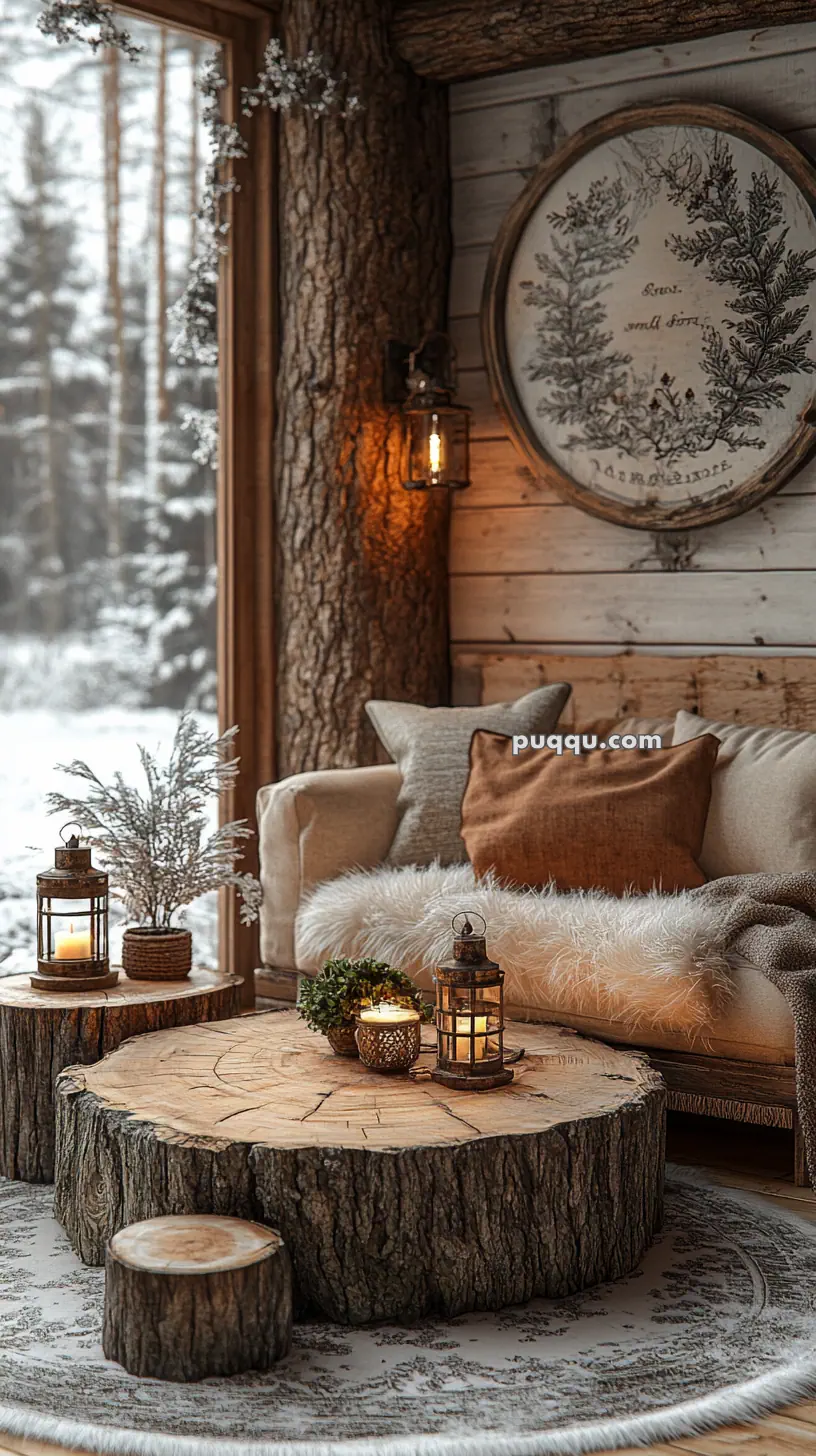 Cozy rustic living room with a large round wooden table, candles, pillows, and a tree-themed wall decor, overlooking a snowy forest through a window.