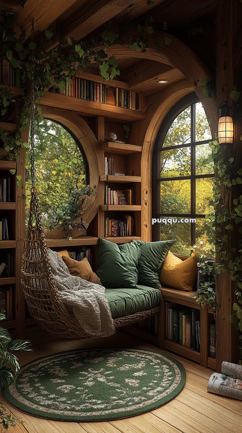 Cozy wooden reading nook with a round window, surrounded by bookshelves and greenery, featuring a hanging wicker chair with green cushions and a plush throw blanket.