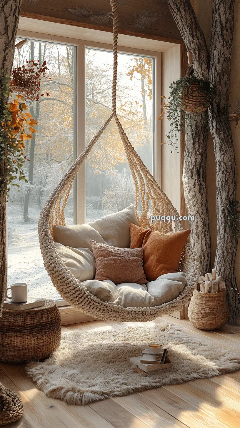 Cozy indoor scene with a woven hanging chair by a window, surrounded by cushions and warm-toned decor.