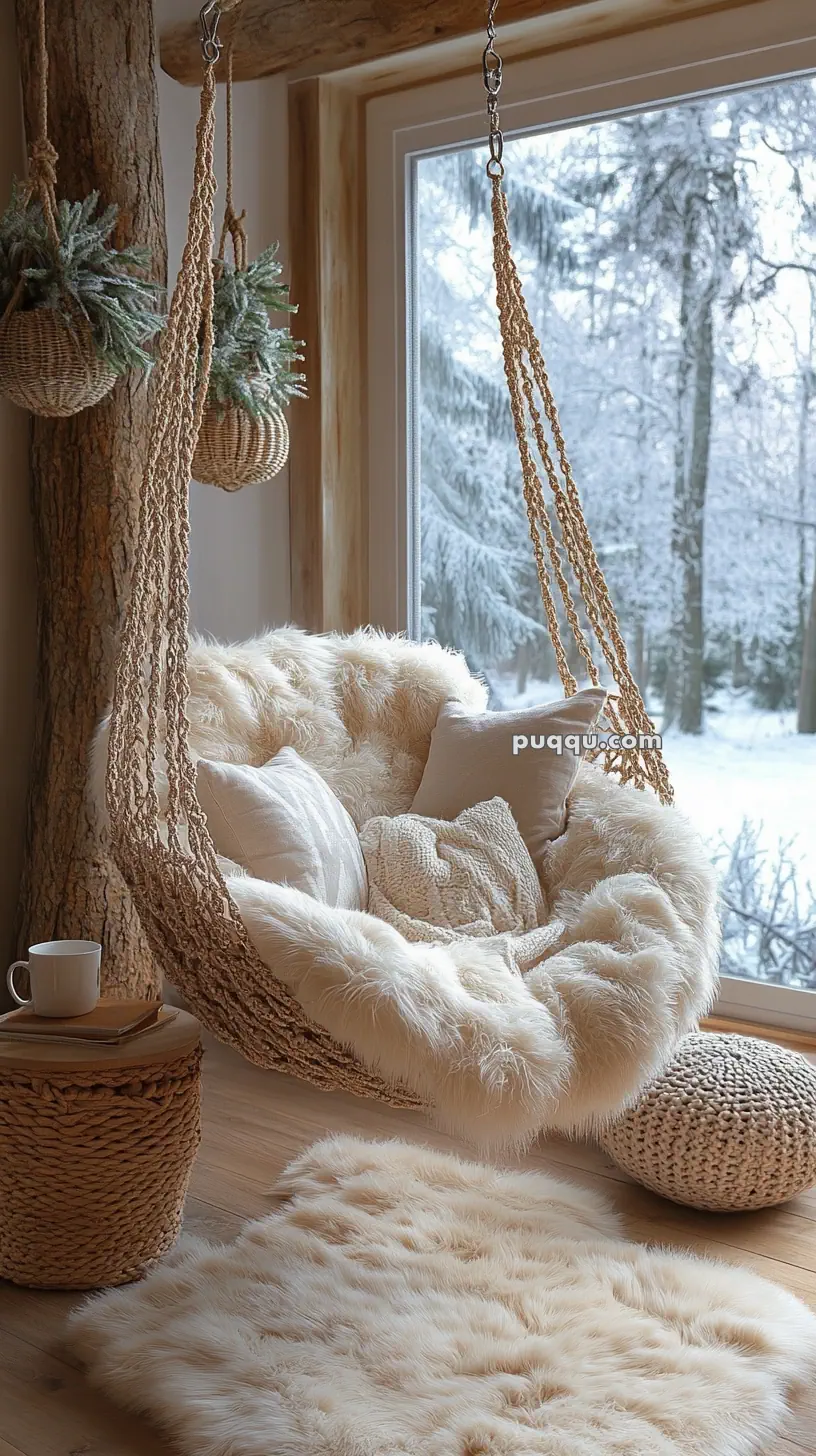 Cozy seating area with a fur-covered hanging chair, pillows, fluffy rug, and a woven side table by a large window overlooking a snowy landscape.