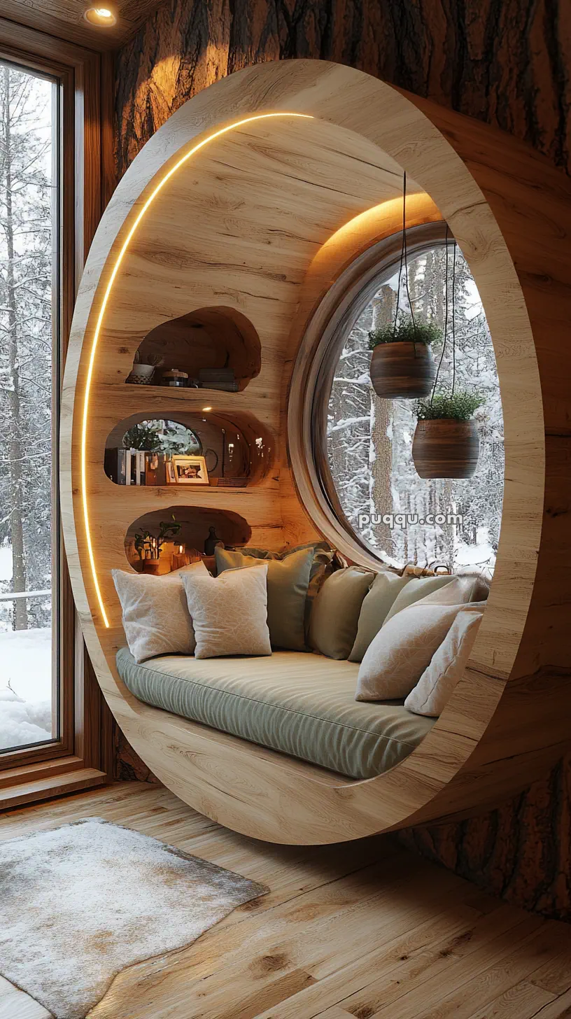 Cozy wooden reading nook with circular window, built-in shelves, cushions, and hanging plants; snowy forest view outside.