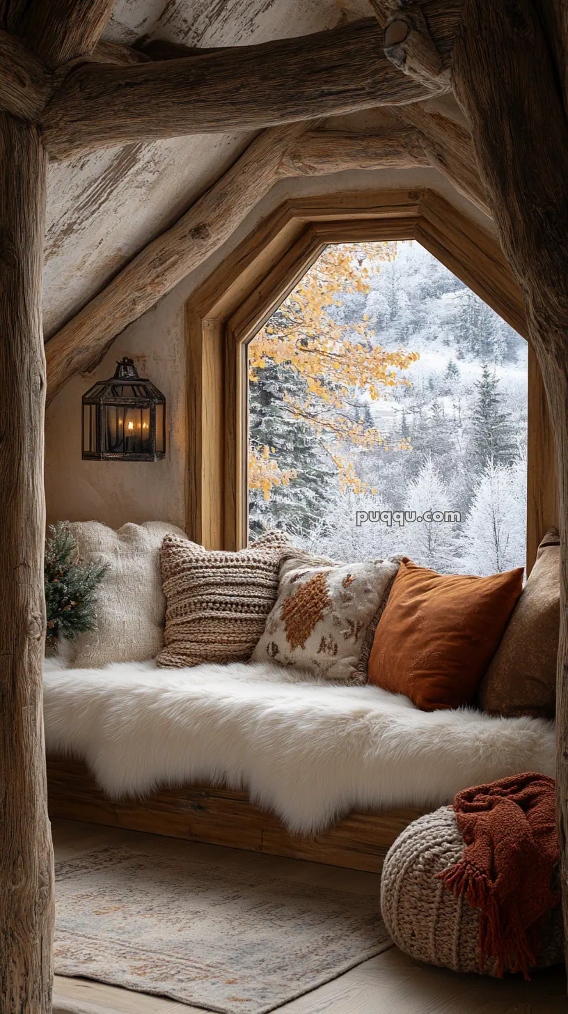 Cozy nook with a fur-lined bench, decorative pillows, and a view of a snowy, wooded landscape through a large, wooden-framed window.