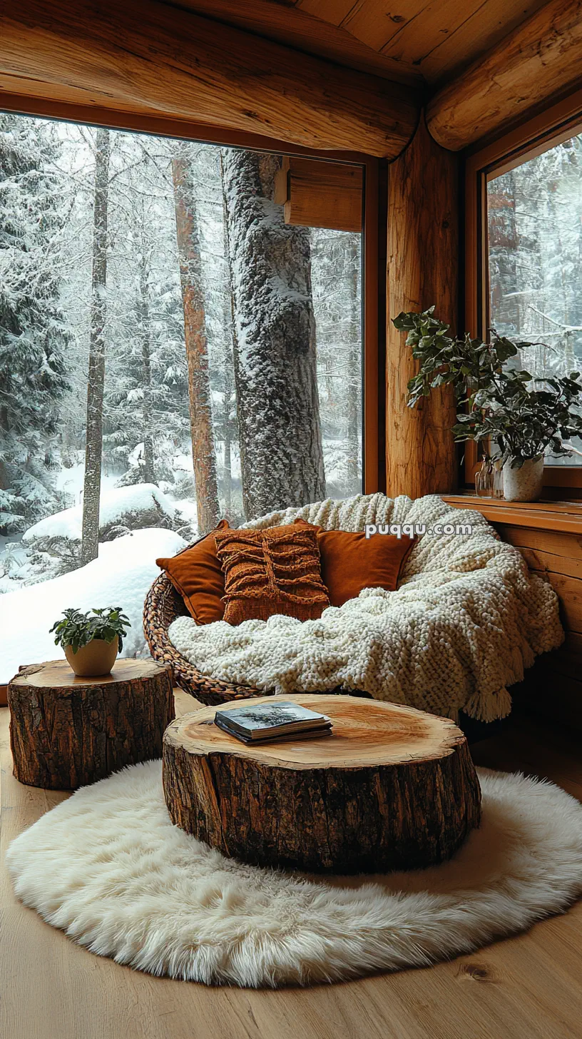 Cozy cabin interior with a large window view of snowy woods, featuring a rustic chair draped with a knit blanket, plush cushions, wooden stump tables, and a potted plant on a fluffy rug.