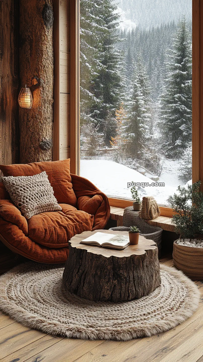 Cozy interior with a plush chair and pillow, tree stump table, open book, plants, and large window overlooking a snowy forest scene.