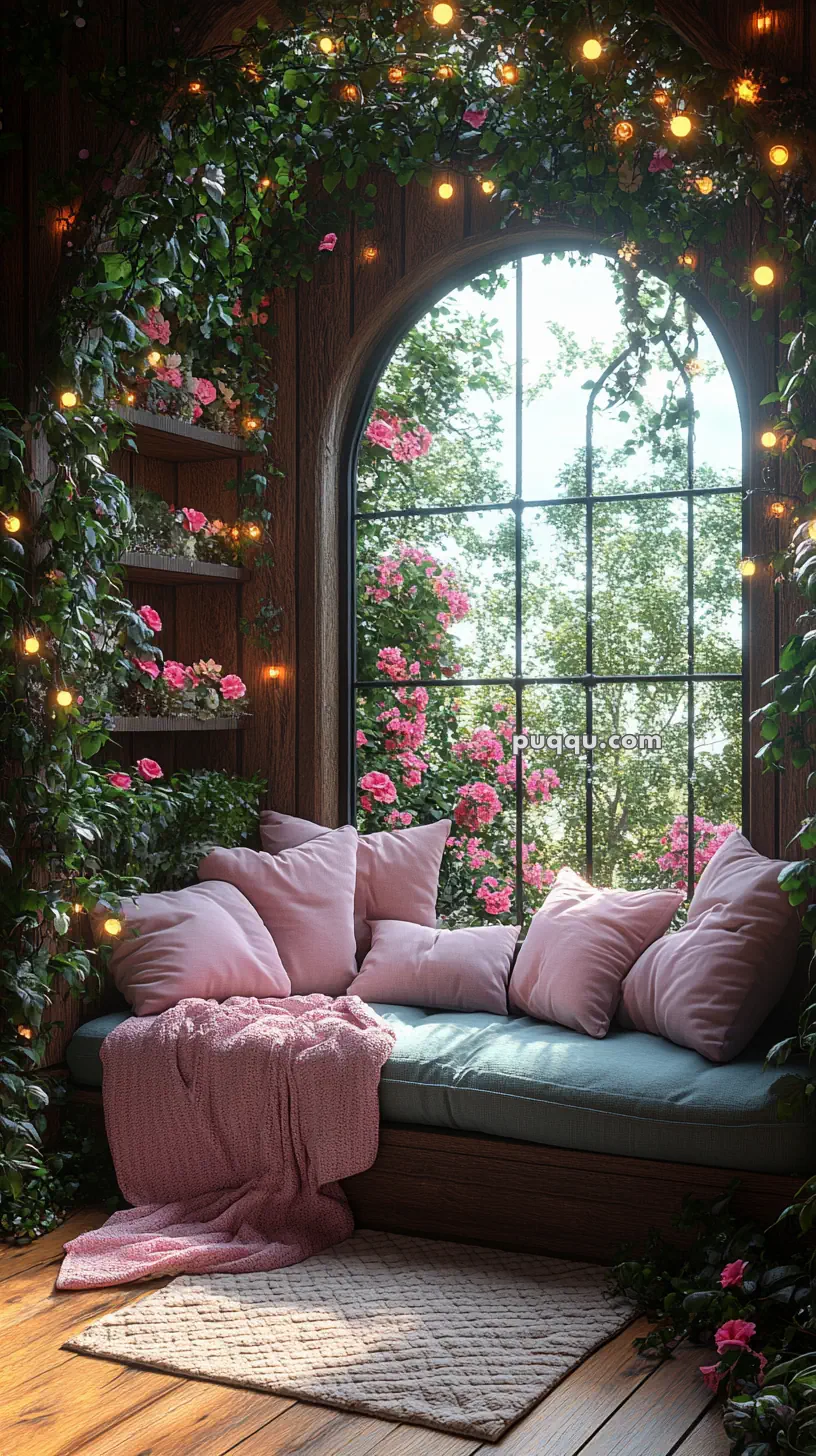 Cozy window nook with pink cushions, a soft blanket, and plants adorned with string lights.