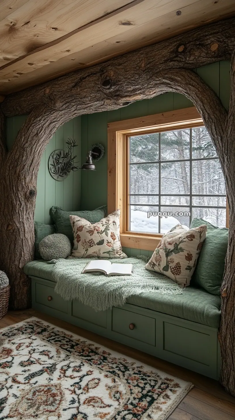 Cozy nook with green cushions and pillows built into a rustic wooden window area, featuring tree trunks and a snowy outdoor view.