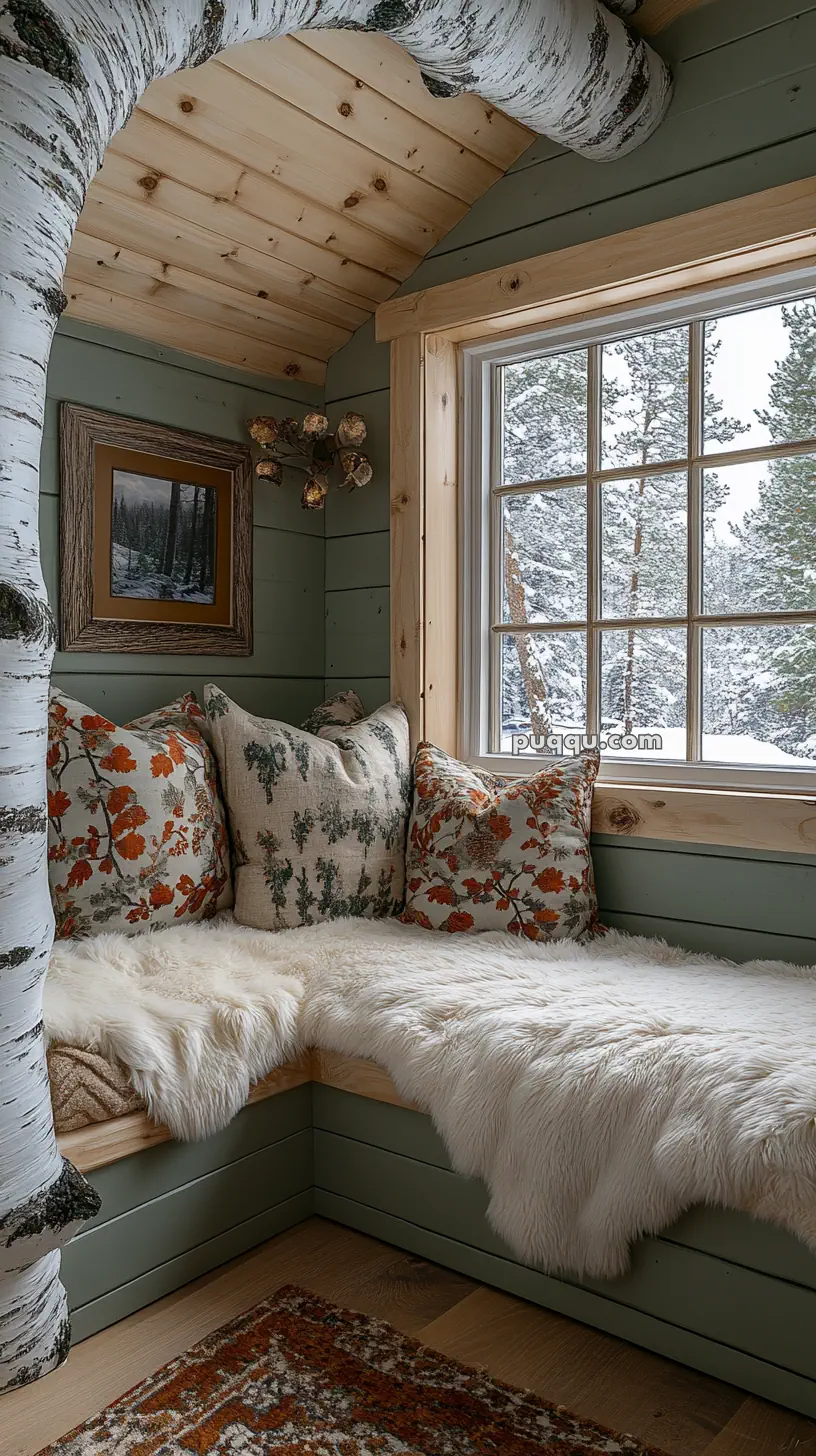 Cozy nook with a wooden window seat, fluffy throw, floral pillows, and snow-covered trees visible through the window.