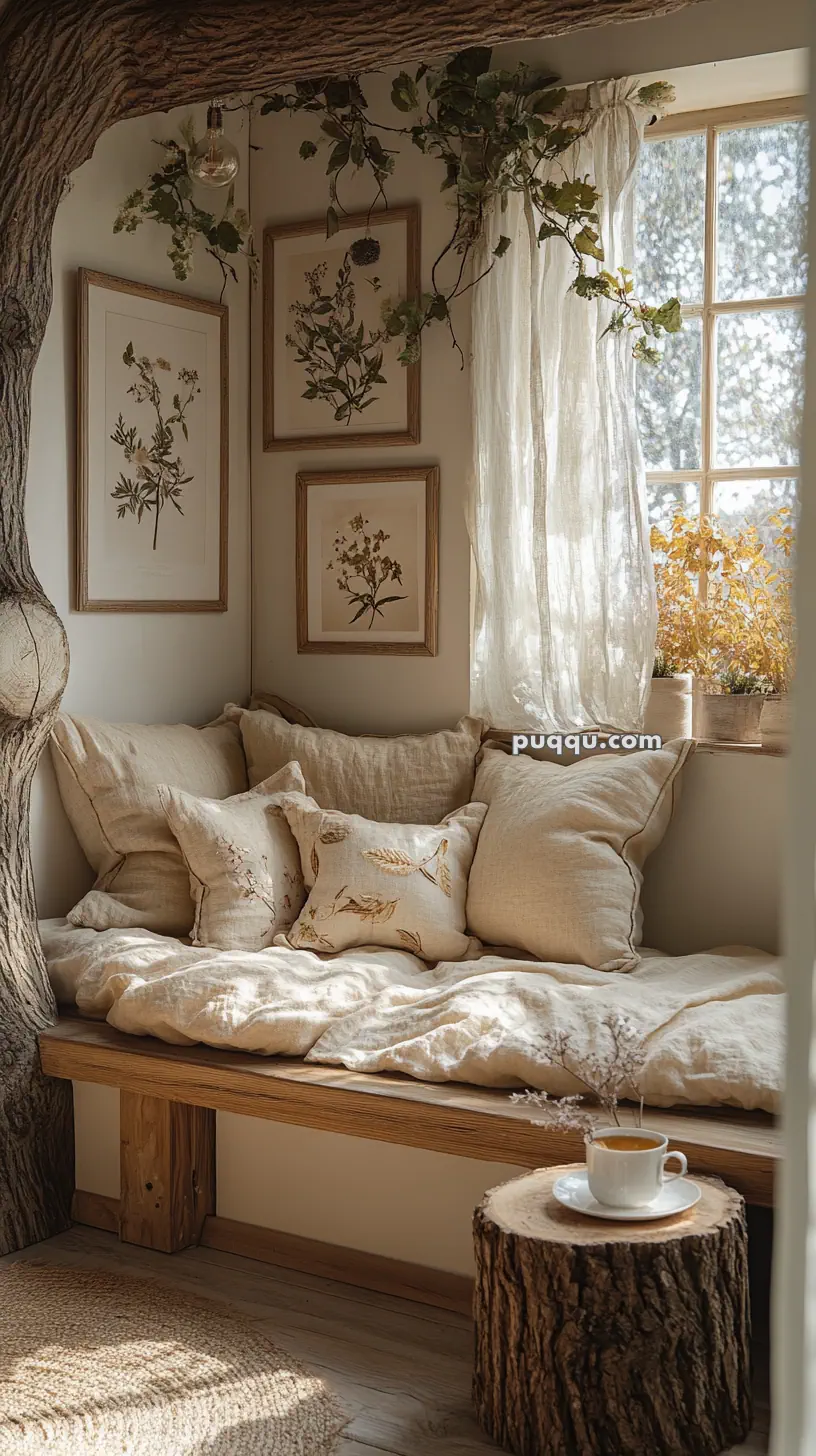 Cozy nook with a wooden bench covered in beige cushions, botanical art on the wall, and a cup of tea on a tree stump table by a sunlit window with sheer curtains.