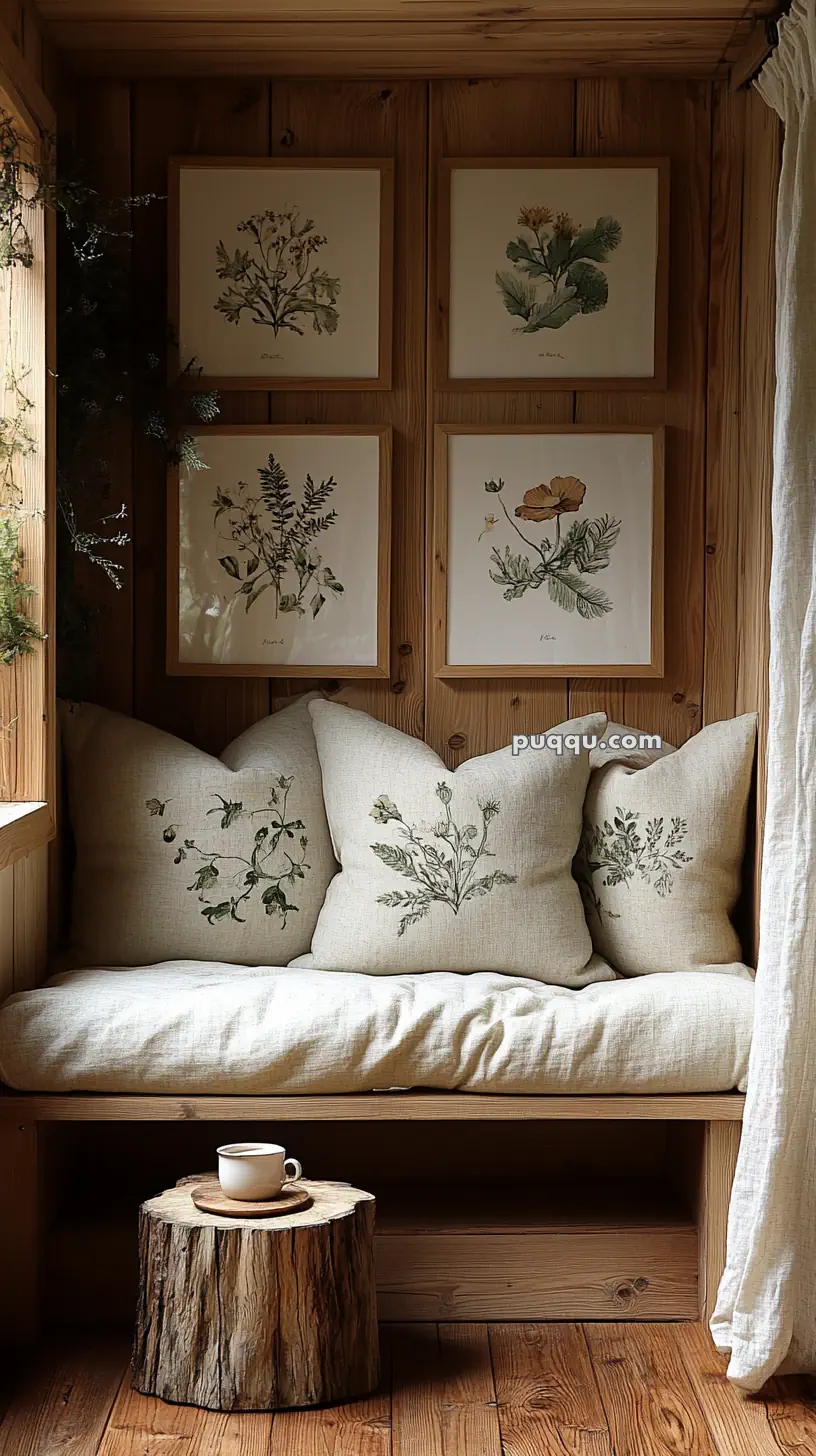 Cozy wooden nook with botanical-themed cushions, artwork on the wall, and a tree stump table holding a cup.