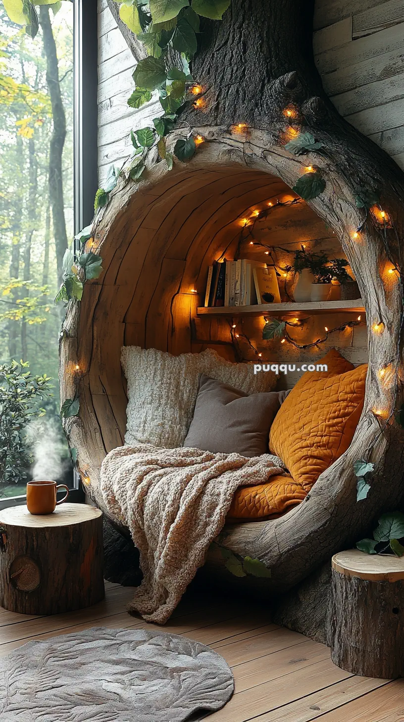 Cozy reading nook nestled in a hollow tree with cushions, blankets, books, and string lights, next to a window overlooking a forest.