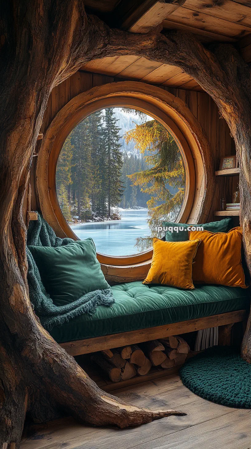 Cozy wooden nook with a round window, green and orange cushions, overlooking a forest and snowy landscape.