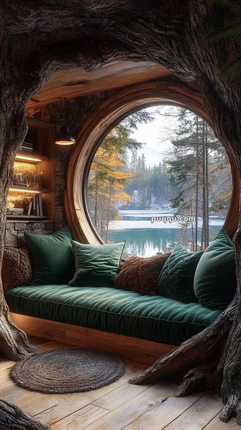 Cozy nook built into a tree with a large round window overlooking a serene lake and forest.