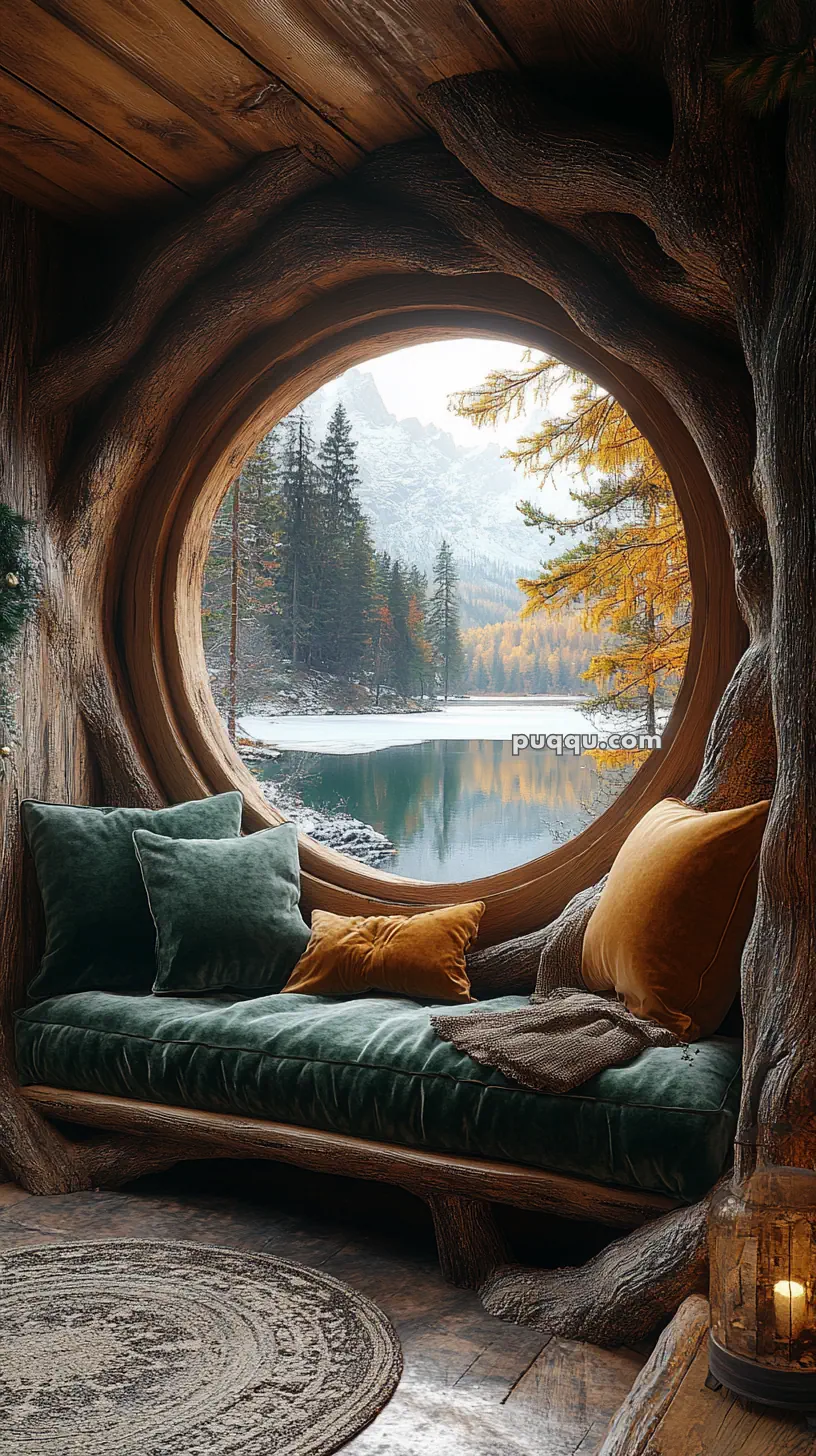 A cozy nook with plush cushions and a circular window overlooking a serene lake and autumn forest.