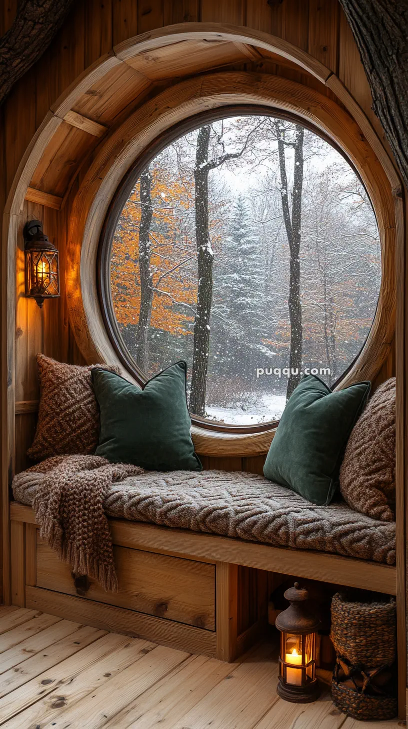 Cozy wooden reading nook with a round window view of snowy trees, featuring pillows and a blanket, and lit by a lantern.