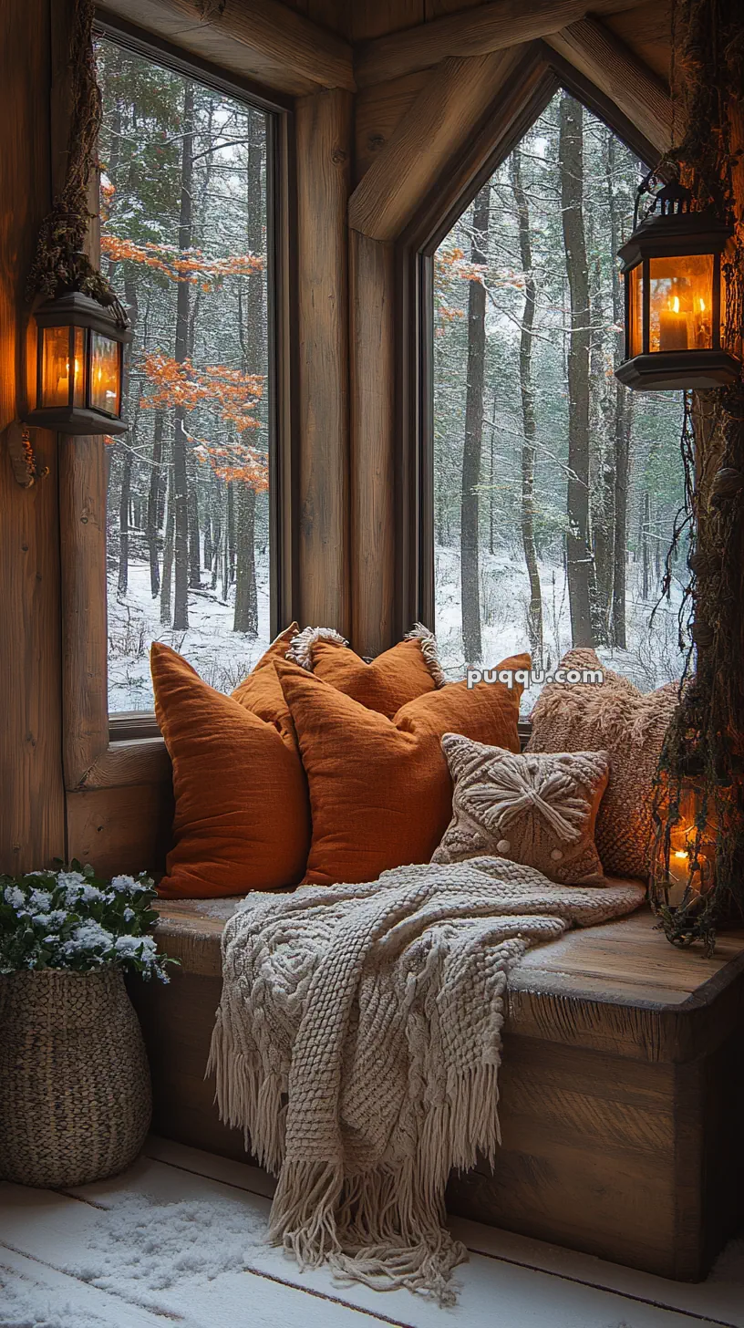 Cozy reading nook with orange pillows and a knit blanket, overlooking a snowy forest through large windows, lit by warm lanterns.