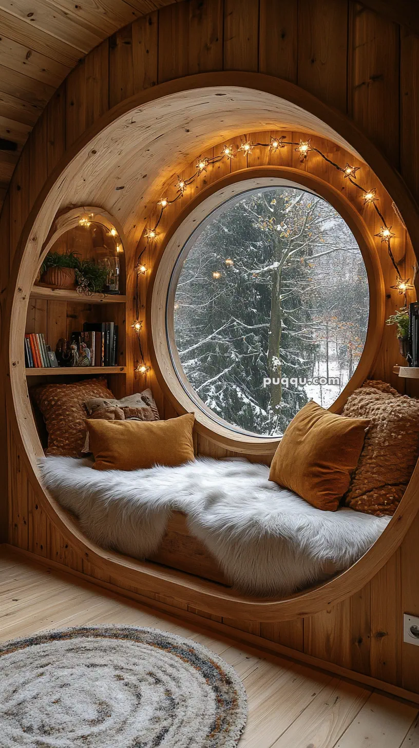 Cozy circular window nook with cushions and fairy lights, overlooking a snowy forest.