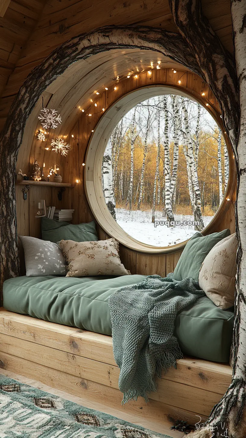 Cozy wooden interior with a round window overlooking a snowy forest, featuring a cushioned bench, pillows, a knitted blanket, and hanging lights.