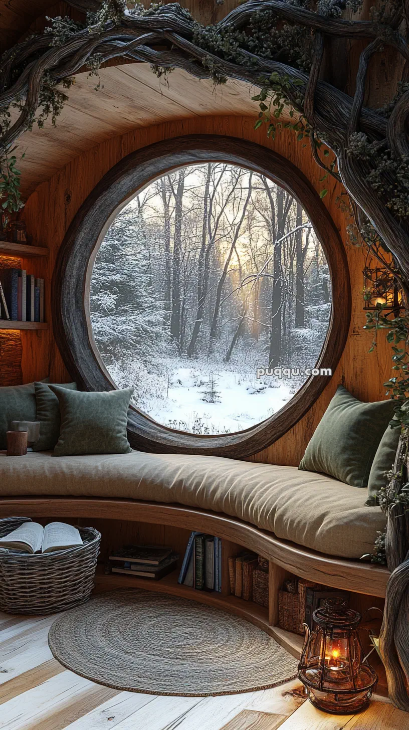 Cozy wooden room with a circular window overlooking a snowy forest, featuring a cushioned bench, bookshelves, a basket with books, and a lantern.