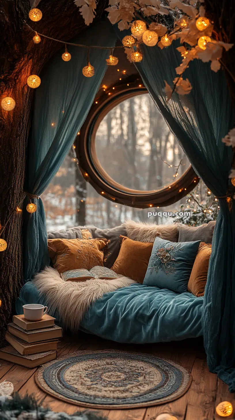 Cozy nook with teal drapes and pillows, warm lighting, and a round window overlooking a snowy forest.