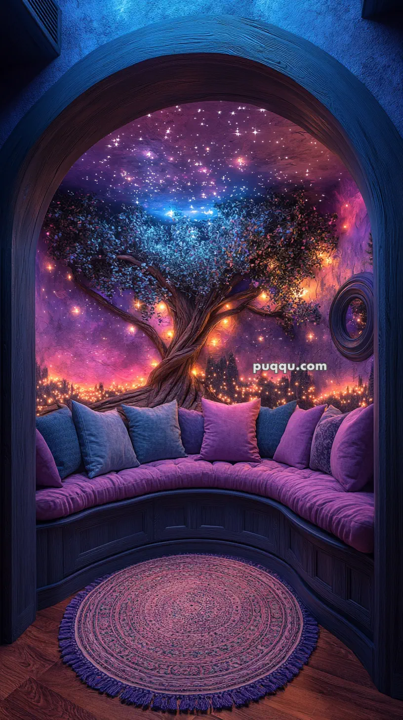 A cozy nook with a circular cushioned seat, a tree mural with starry lights on the wall, and a round rug on the floor.