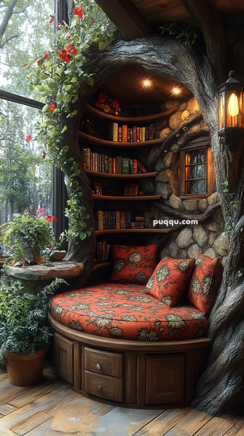 A cozy reading nook inside a tree-shaped alcove with bookshelves, soft lighting, and floral cushions, surrounded by greenery and flowers.