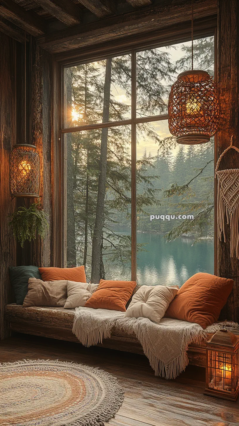 Cozy cabin interior with a large window view of a forest and lake, featuring a cushioned wooden bench, warm lighting, and rustic decor.